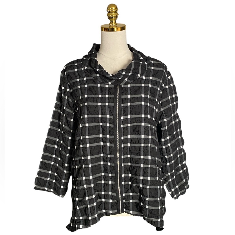 Chalet et Ceci Women Crinkled Plaid Lagenlook Cowl Neck Full Zip Jacket Sz Large